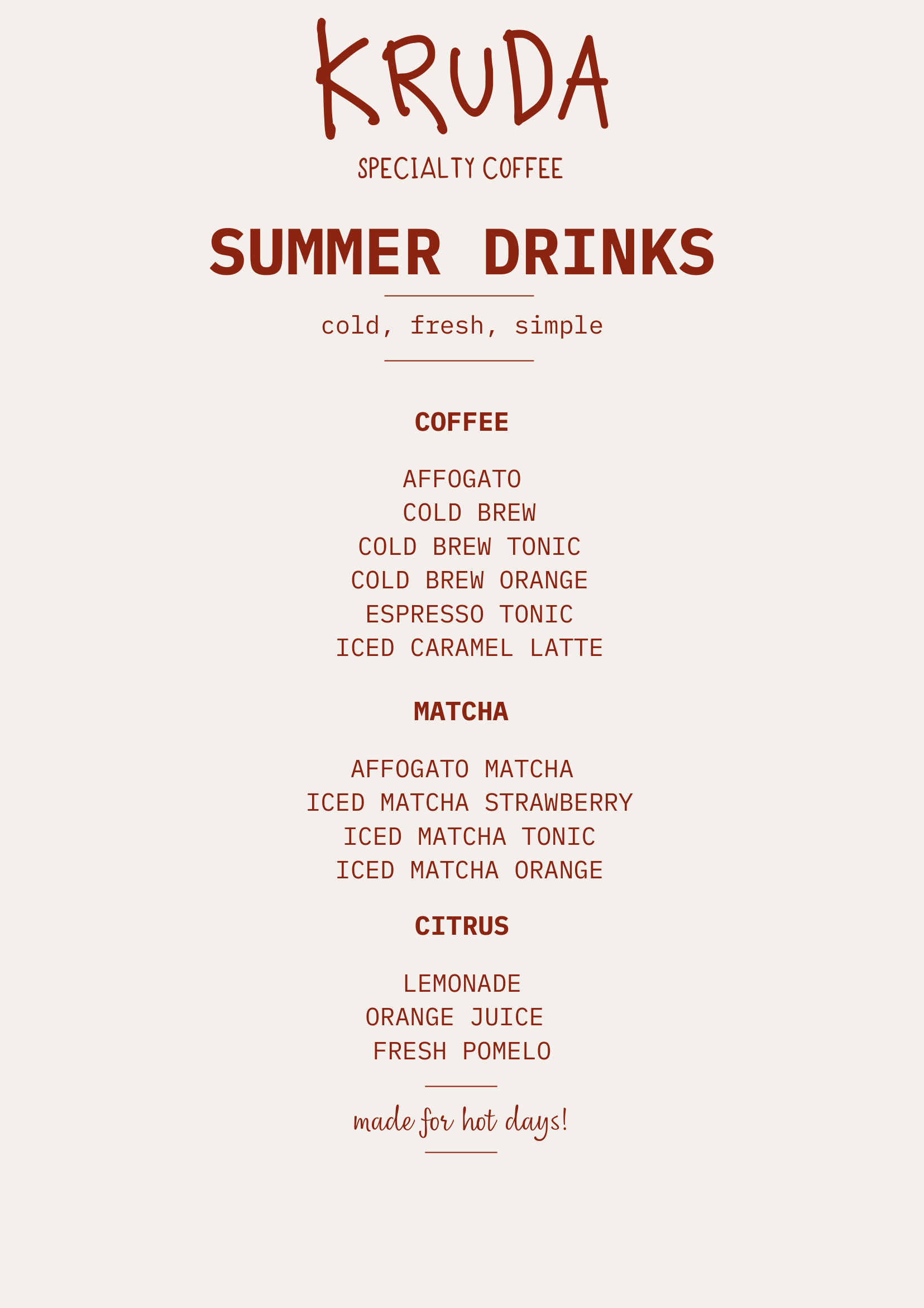 Menú de Bebidas de Verano - Kruda Coffee